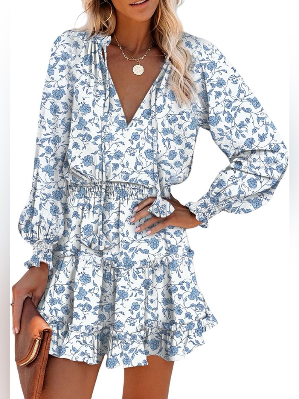 Dokotoo Boho Floral Drawstring Smocked Long Sleeve Ruffle Chiffon Mini Dress